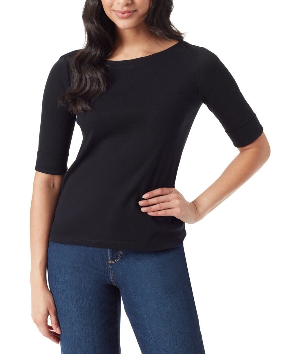 Gloria Vanderbilt Alanis Top Womens Small Black Boat Neck Cuffed Half Sleeve NWT